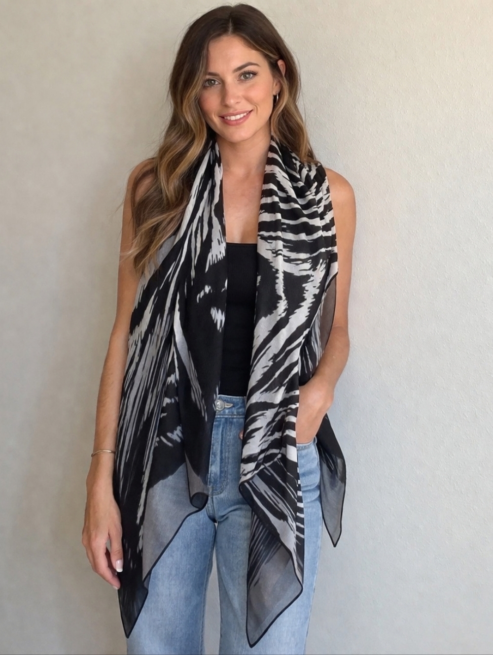 🖤 Black Gray Ombré Zebra Print Lightweight Wrap Scarf 30x72 - Picture 3 of 13